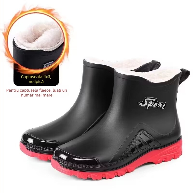 Ghete de ploaie pentru bărbați, partea superioară din PVC, slip-on scurt, impermeabile și antiderapante, căptușite cu lână artificială, toc redus