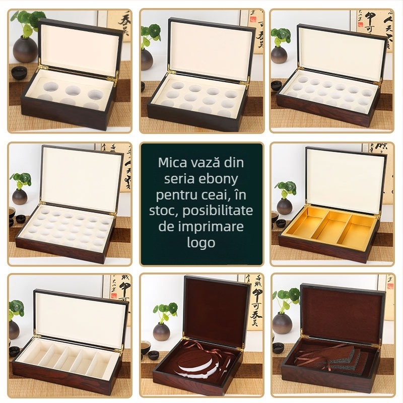 Cutie de ceai din lemn natural, seria Ebony box tea, gravură, aurire, serigrafie, interior EVA