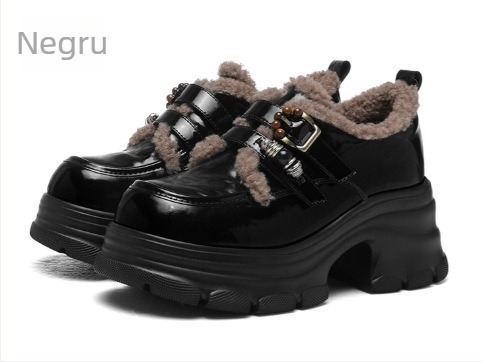 Loaferi din piele pentru femei, vârf rotund, slip-on, partea superioară din piele de vițel split, toc gros 6–8 cm