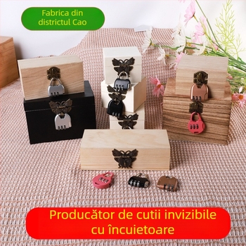 Cutie din lemn masiv cu lacăt și gravură, Modelul 001, Lemn natural, Interior cu țesătură, Imprimare logo disponibilă