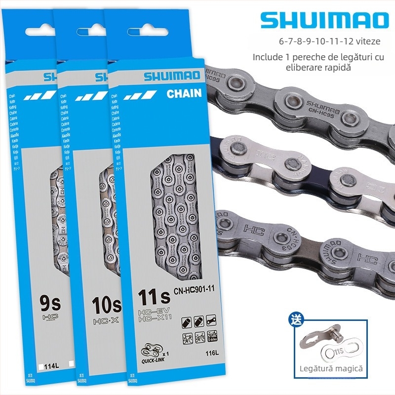 Lanț de bicicletă pentru 8–12 viteze; oțel cu conținut înalt de carbon; pas 12,7; lungime 116L/126L