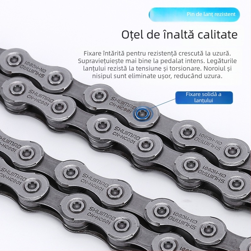 Lanț de bicicletă pentru 8–12 viteze; oțel cu conținut înalt de carbon; pas 12,7; lungime 116L/126L