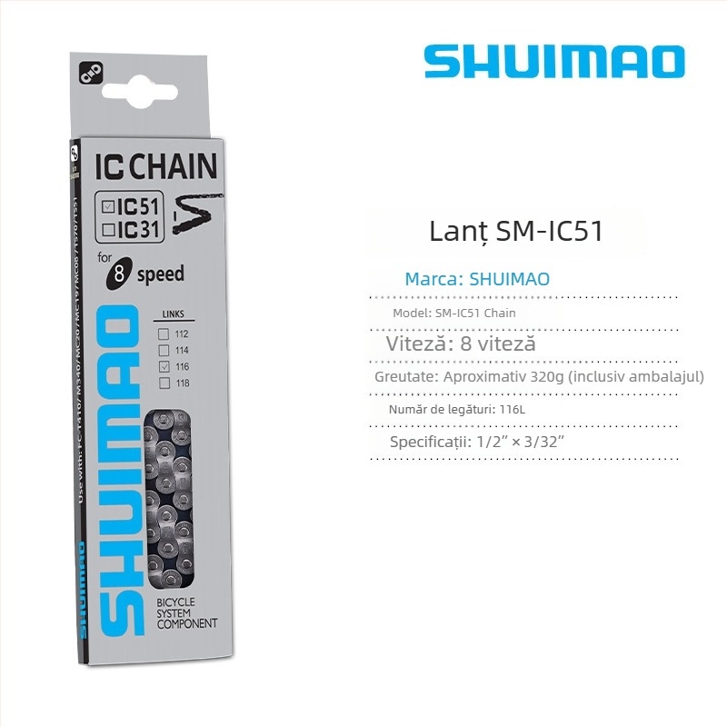 Lanț de bicicletă pentru 8–12 viteze; oțel cu conținut înalt de carbon; pas 12,7; lungime 116L/126L