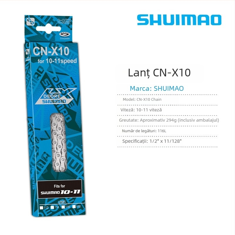 Lanț de bicicletă pentru 8–12 viteze; oțel cu conținut înalt de carbon; pas 12,7; lungime 116L/126L