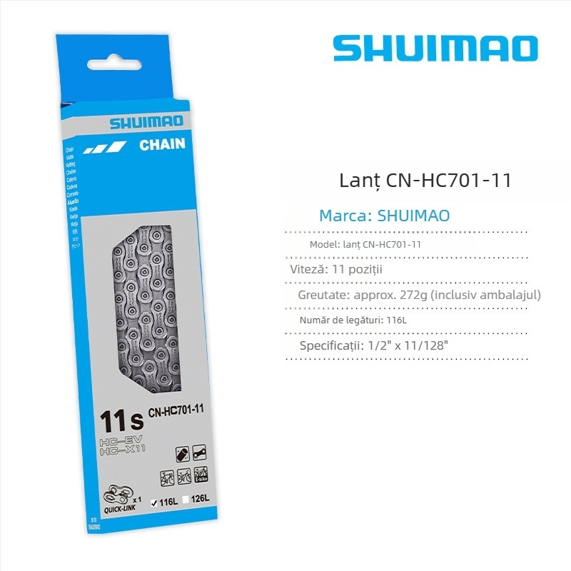 Lanț de bicicletă pentru 8–12 viteze; oțel cu conținut înalt de carbon; pas 12,7; lungime 116L/126L