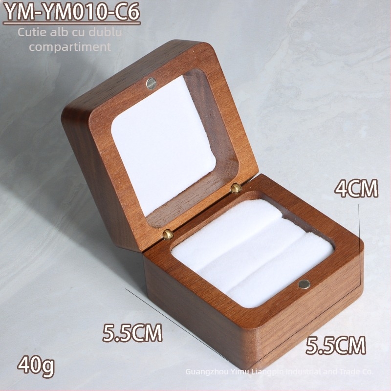 Cutie pătrată pentru inele din nuc — ambalare bijuterii, ambalare pentru transport, pungă din polietilenă într-un carton exterior