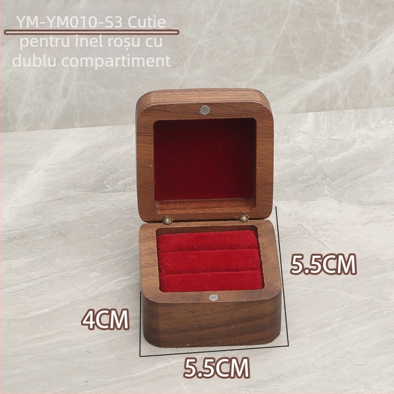 Cutie pătrată pentru inele din nuc — ambalare bijuterii, ambalare pentru transport, pungă din polietilenă într-un carton exterior