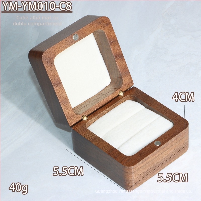 Cutie pătrată pentru inele din nuc — ambalare bijuterii, ambalare pentru transport, pungă din polietilenă într-un carton exterior