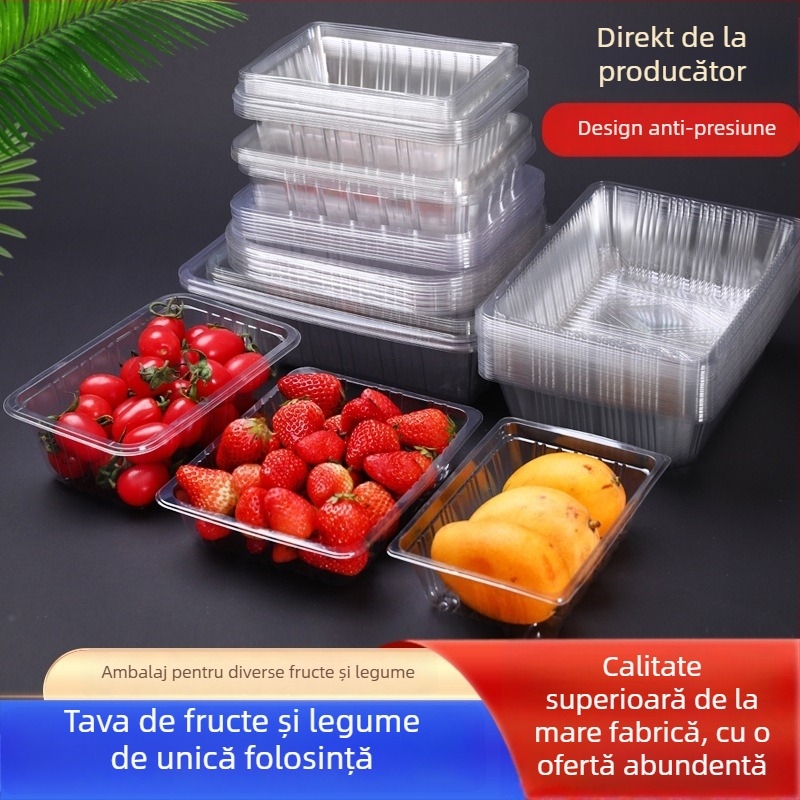 Tavă din plastic PET transparentă pentru fructe și legume, de unică folosință, fără capac, cu imprimare de logo și personalizare