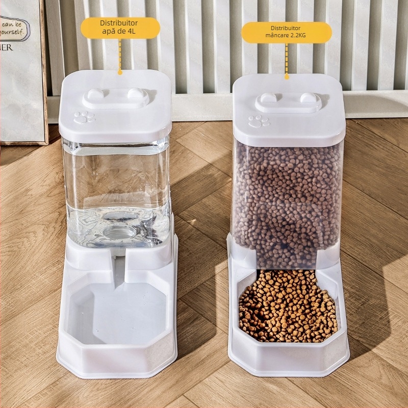 Distribuitor de apă pentru pisici și hrană automată cu recipient de depozitare, AB-002, material PP, potrivit pentru pisici