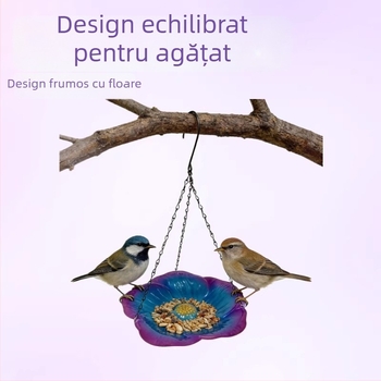 Hrănitoare pentru păsări suspendată, echilibrată, cu dozator pentru apă și hrană — design în stil flori, din metal, decor pentru balcon și grădină