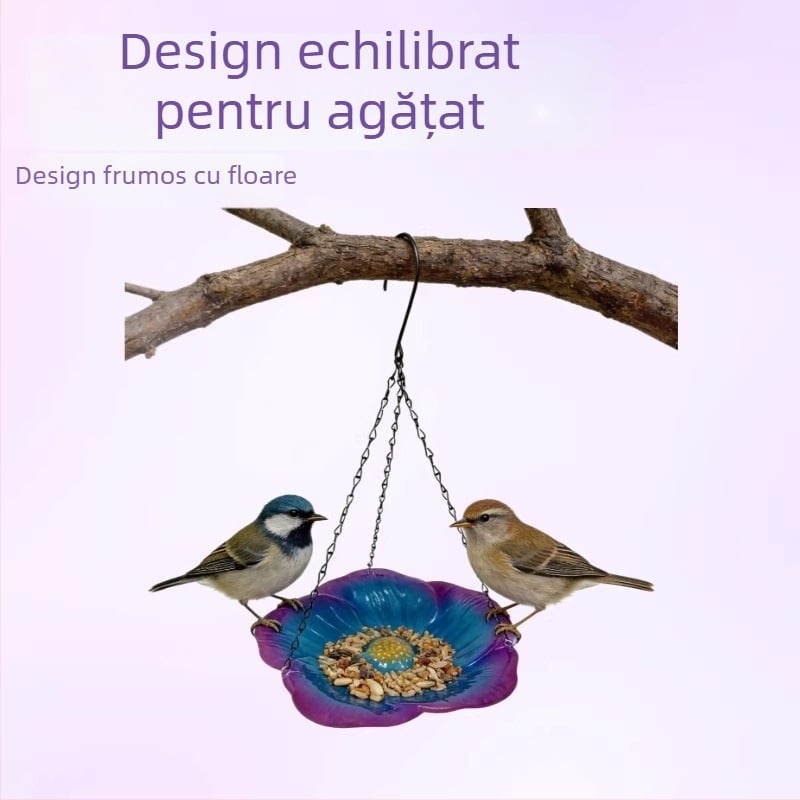 Hrănitoare pentru păsări suspendată, echilibrată, cu dozator pentru apă și hrană — design în stil flori, din metal, decor pentru balcon și grădină