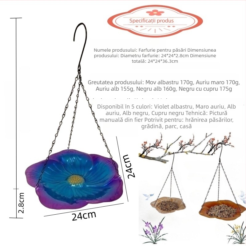 Hrănitoare pentru păsări suspendată, echilibrată, cu dozator pentru apă și hrană — design în stil flori, din metal, decor pentru balcon și grădină