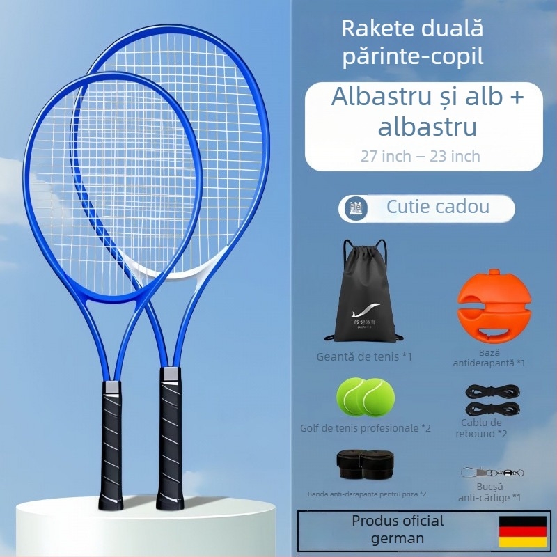 Antrenor de tenis pentru antrenament solo cu revenire prin sârmă, cadru din aluminiu, şnur din nylon, mâner G1, lovitură directă
