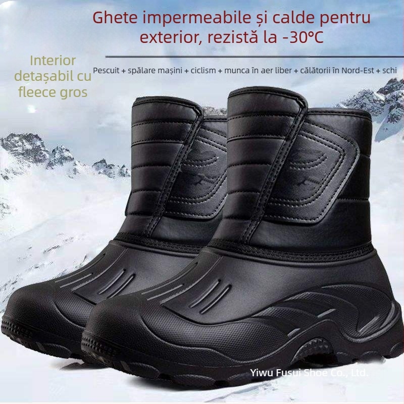 Ghete impermeabile de iarnă pentru bărbați – ușoare, antiderapante, calde; exterior TPE, branț din bumbac, căptușeală din lână de miel; gleznă joasă, design scurt