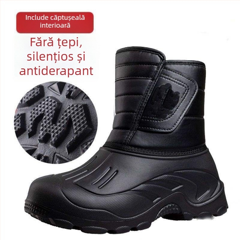 Ghete impermeabile de iarnă pentru bărbați – ușoare, antiderapante, calde; exterior TPE, branț din bumbac, căptușeală din lână de miel; gleznă joasă, design scurt