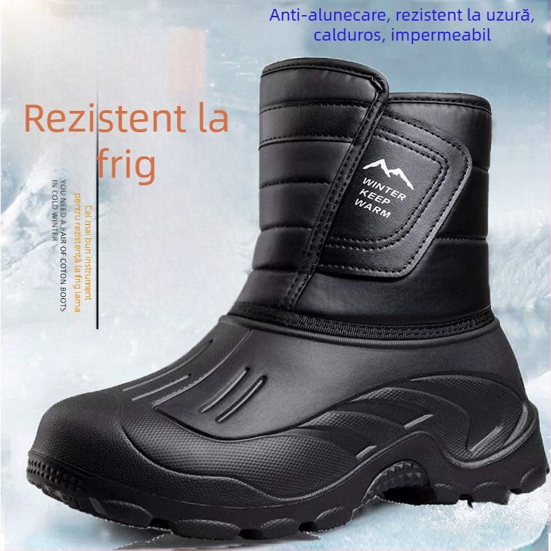 Ghete impermeabile de iarnă pentru bărbați – ușoare, antiderapante, calde; exterior TPE, branț din bumbac, căptușeală din lână de miel; gleznă joasă, design scurt