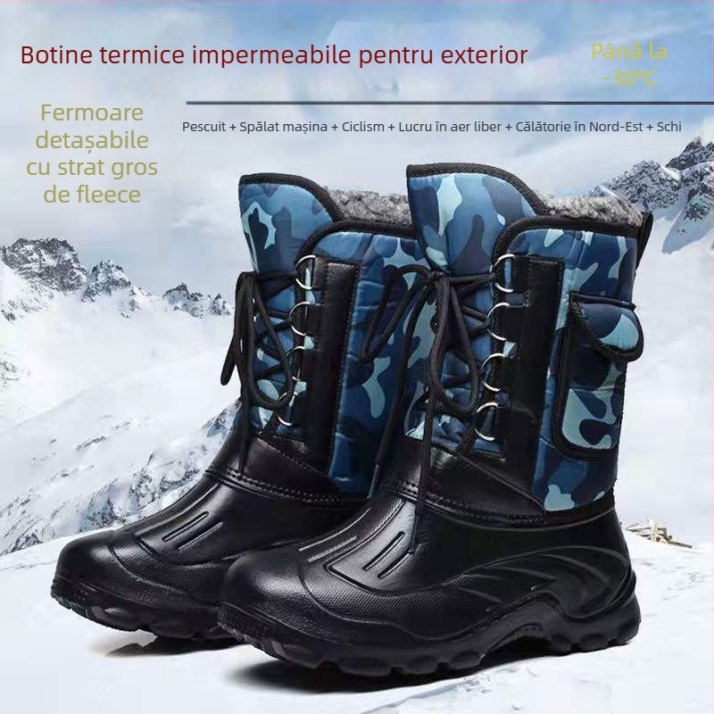 Ghete impermeabile de iarnă pentru bărbați – ușoare, antiderapante, calde; exterior TPE, branț din bumbac, căptușeală din lână de miel; gleznă joasă, design scurt