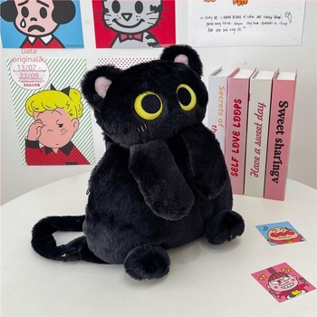 Rucsac din pluș cu pisică - stil proaspăt și drăguț, blană de iepure, închidere cu fermoar, căptuială poliester-bumbac, buzunar pentru telefon