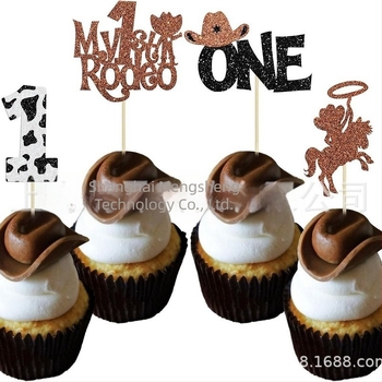 Steaguri pentru tort 24 buc., sclipici pe ambele fețe, din hârtie, temă cowboy pentru tort de ziua de naștere
