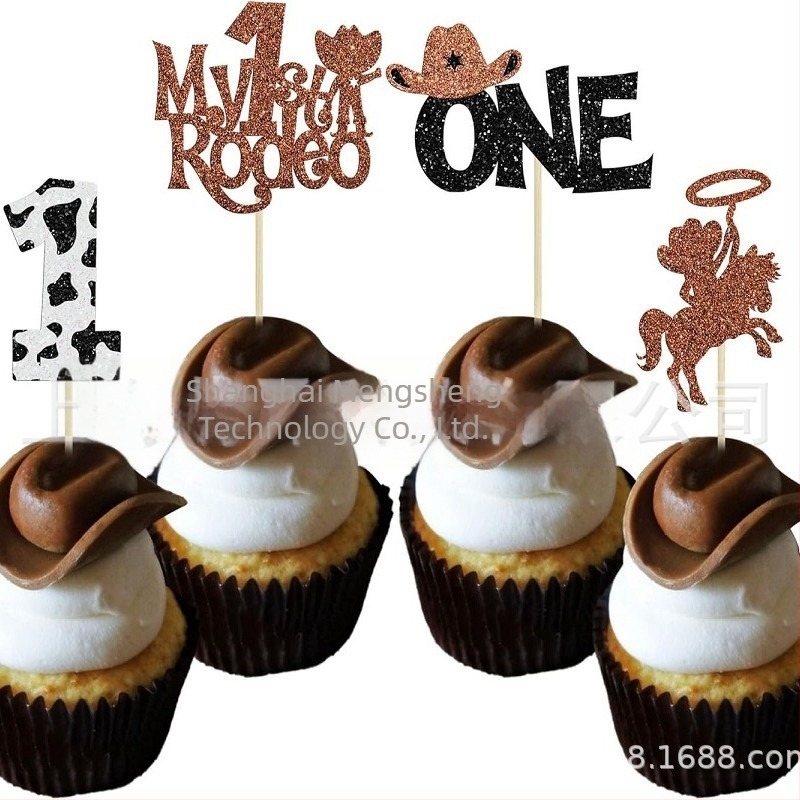 Steaguri pentru tort 24 buc., sclipici pe ambele fețe, din hârtie, temă cowboy pentru tort de ziua de naștere