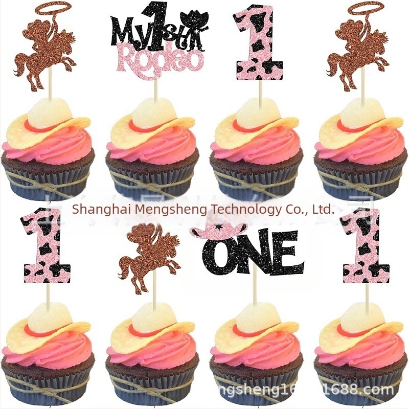 Steaguri pentru tort 24 buc., sclipici pe ambele fețe, din hârtie, temă cowboy pentru tort de ziua de naștere