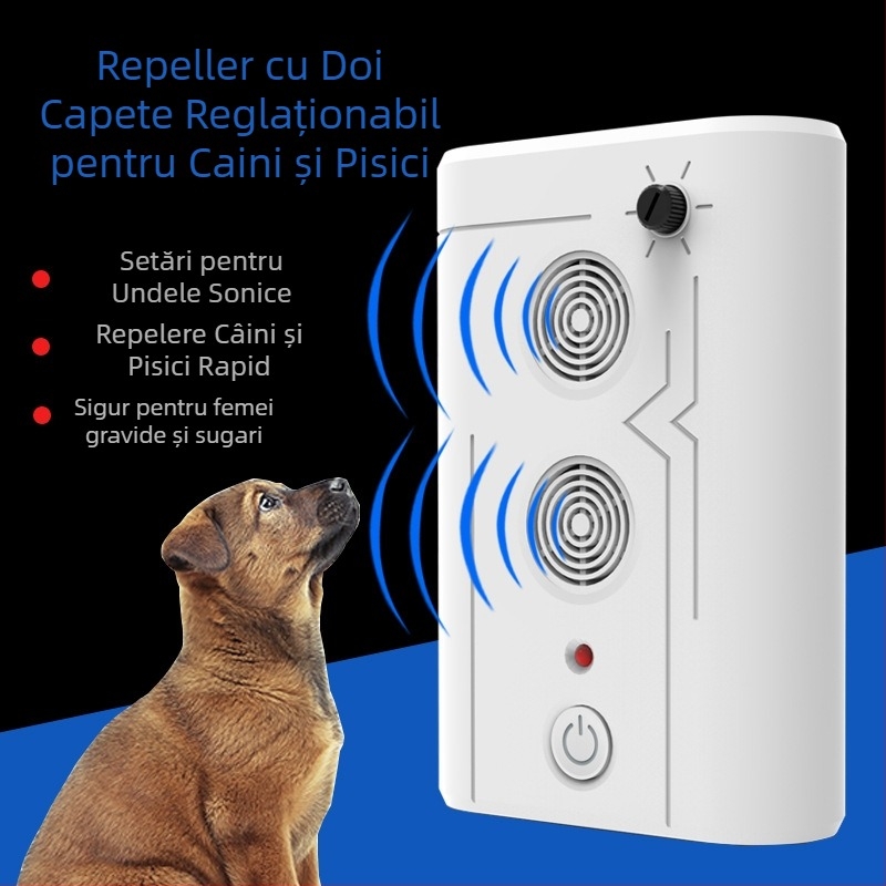 Repeller ultrasonic pentru câini, JL-659G cu două capete, carcasă din plastic, putere mare, utilizare universală