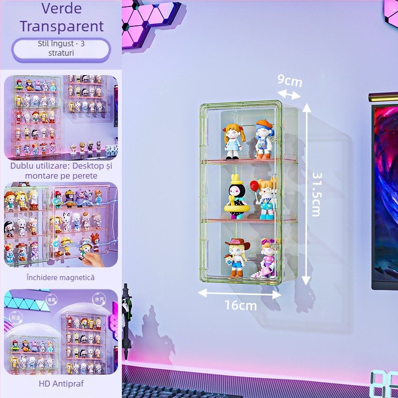 Vitrină de perete pentru figuri – transparentă, protecție la praf și umezeală, PET plastic, capacitate 18 L, model 9625