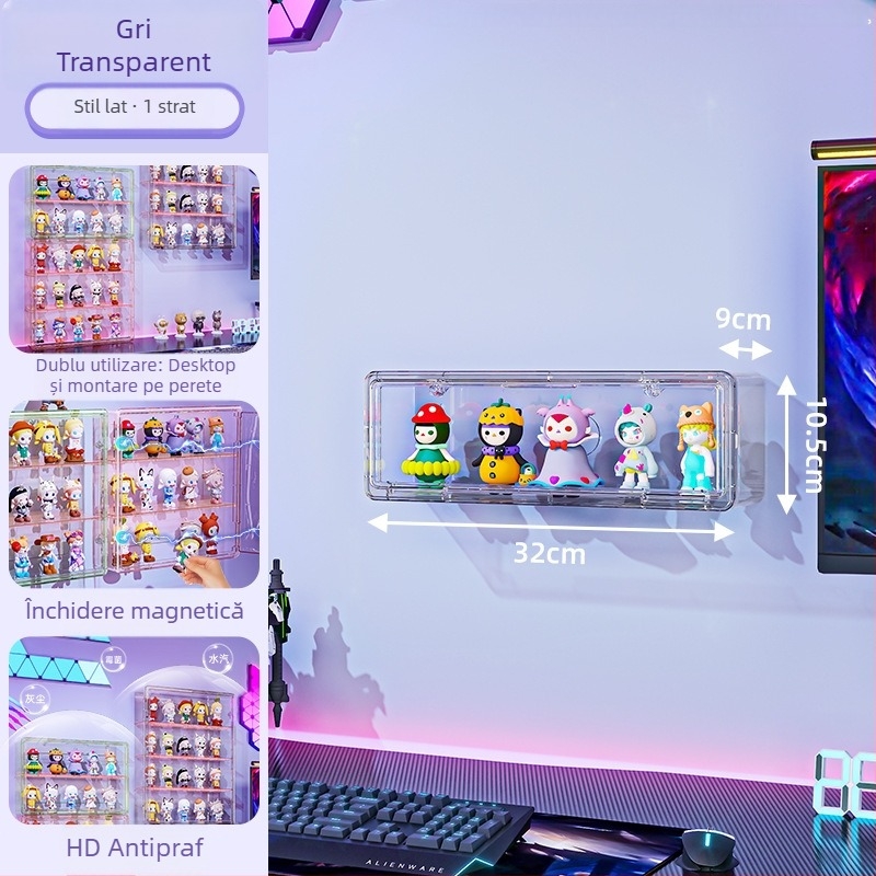 Vitrină de perete pentru figuri – transparentă, protecție la praf și umezeală, PET plastic, capacitate 18 L, model 9625