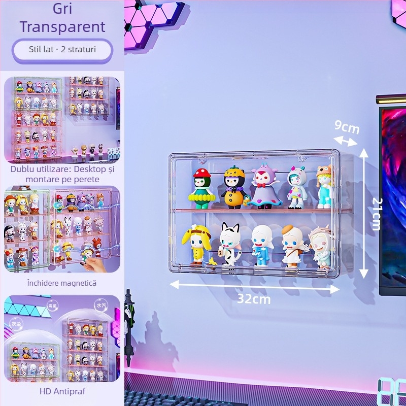 Vitrină de perete pentru figuri – transparentă, protecție la praf și umezeală, PET plastic, capacitate 18 L, model 9625