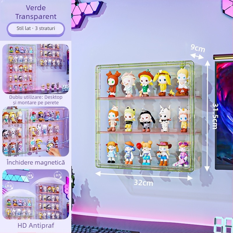 Vitrină de perete pentru figuri – transparentă, protecție la praf și umezeală, PET plastic, capacitate 18 L, model 9625