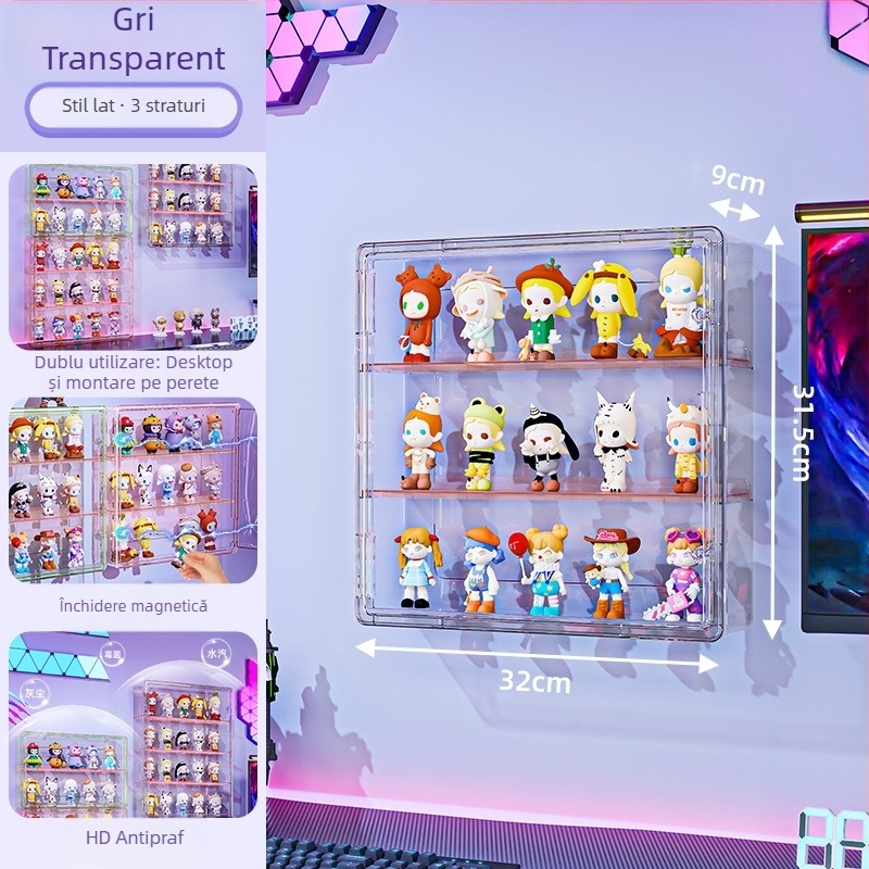 Vitrină de perete pentru figuri – transparentă, protecție la praf și umezeală, PET plastic, capacitate 18 L, model 9625