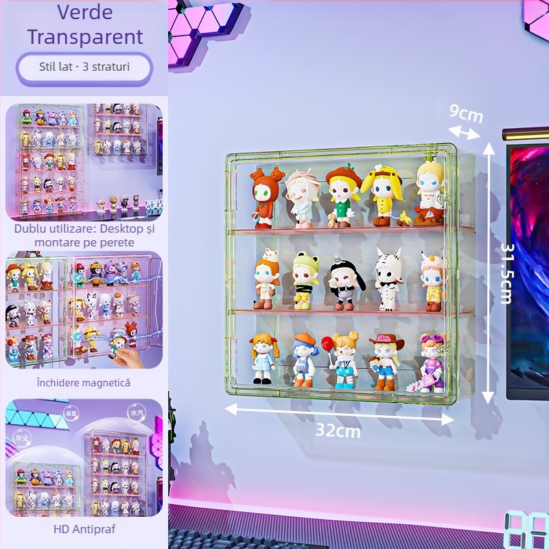 Vitrină de perete pentru figuri – transparentă, protecție la praf și umezeală, PET plastic, capacitate 18 L, model 9625