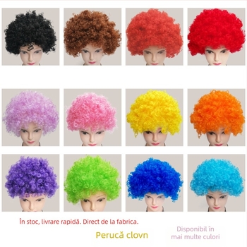 Perucă clovn cu bucle scurte, în stil desen, cu breton drept sau înclinat, fibre K Silk/P Silk, pentru fani de fotbal și petreceri festive