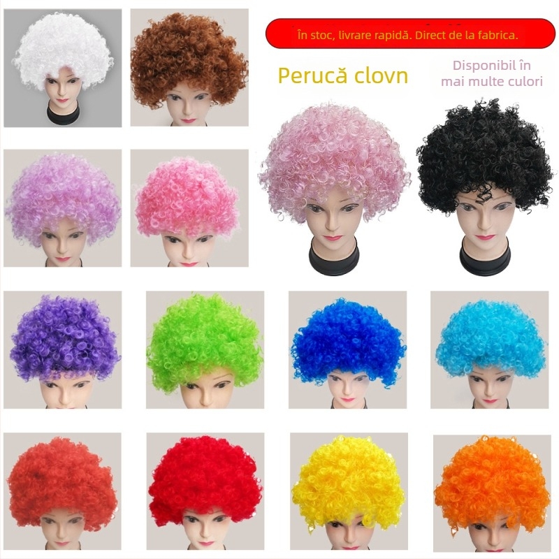 Perucă clovn cu bucle scurte, în stil desen, cu breton drept sau înclinat, fibre K Silk/P Silk, pentru fani de fotbal și petreceri festive