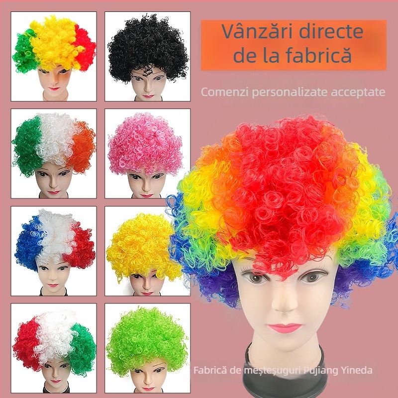 Perucă clovn cu bucle scurte, în stil desen, cu breton drept sau înclinat, fibre K Silk/P Silk, pentru fani de fotbal și petreceri festive
