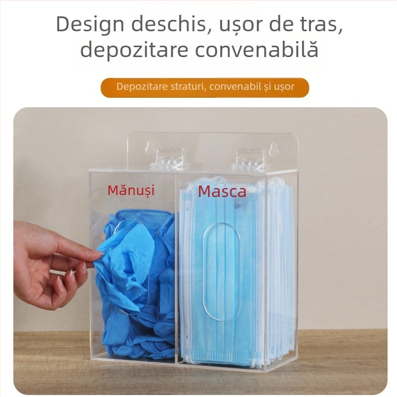 Cutie de depozitare din acrilic, montată pe perete, pentru măști și mănuși — capacitate 1 L, organizează măști, mănuși, pălării și acoperitoare pentru pantofi