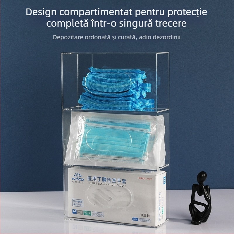 Cutie de depozitare din acrilic, montată pe perete, pentru măști și mănuși — capacitate 1 L, organizează măști, mănuși, pălării și acoperitoare pentru pantofi