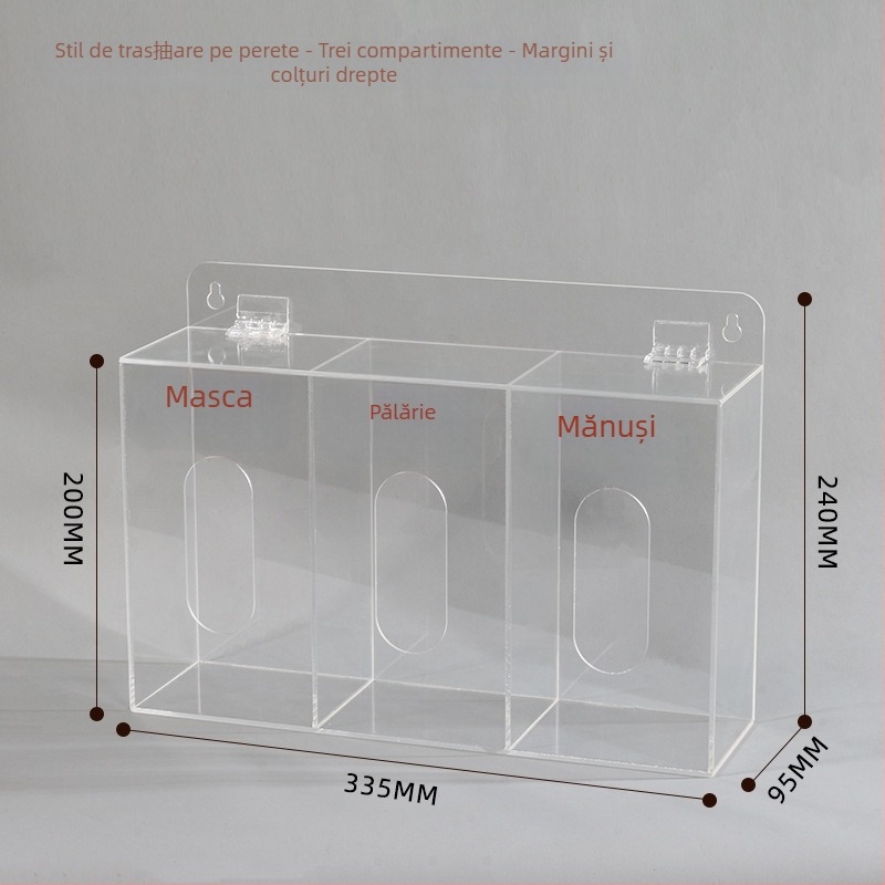 Cutie de depozitare din acrilic, montată pe perete, pentru măști și mănuși — capacitate 1 L, organizează măști, mănuși, pălării și acoperitoare pentru pantofi