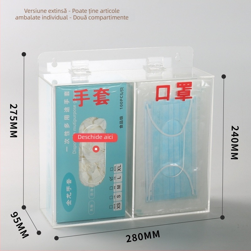 Cutie de depozitare din acrilic, montată pe perete, pentru măști și mănuși — capacitate 1 L, organizează măști, mănuși, pălării și acoperitoare pentru pantofi