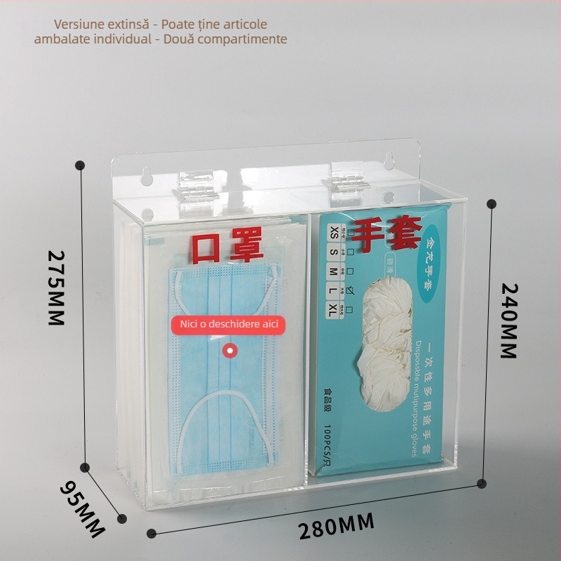 Cutie de depozitare din acrilic, montată pe perete, pentru măști și mănuși — capacitate 1 L, organizează măști, mănuși, pălării și acoperitoare pentru pantofi