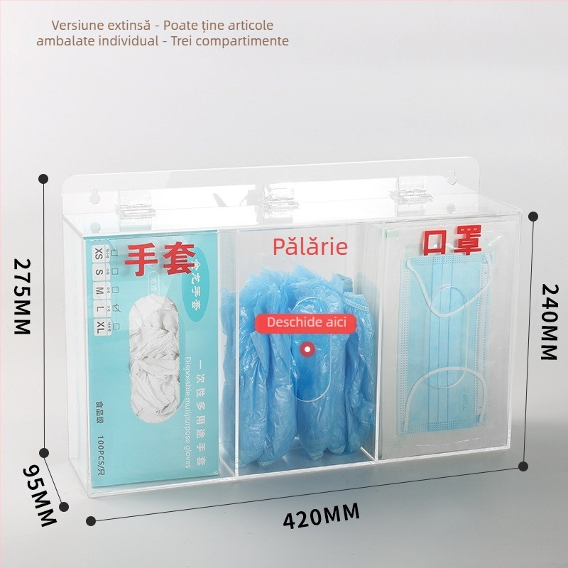 Cutie de depozitare din acrilic, montată pe perete, pentru măști și mănuși — capacitate 1 L, organizează măști, mănuși, pălării și acoperitoare pentru pantofi