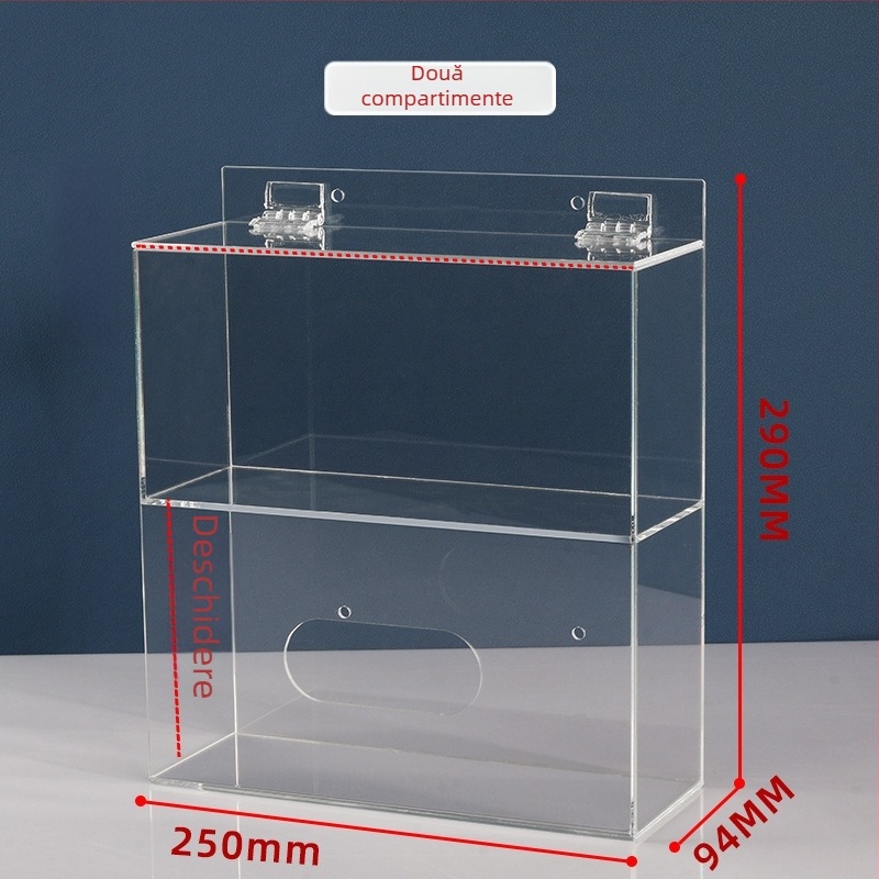 Cutie de depozitare din acrilic, montată pe perete, pentru măști și mănuși — capacitate 1 L, organizează măști, mănuși, pălării și acoperitoare pentru pantofi