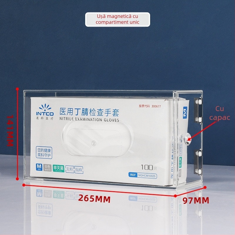 Cutie de depozitare din acrilic, montată pe perete, pentru măști și mănuși — capacitate 1 L, organizează măști, mănuși, pălării și acoperitoare pentru pantofi