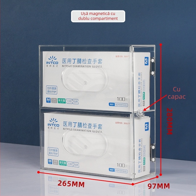 Cutie de depozitare din acrilic, montată pe perete, pentru măști și mănuși — capacitate 1 L, organizează măști, mănuși, pălării și acoperitoare pentru pantofi