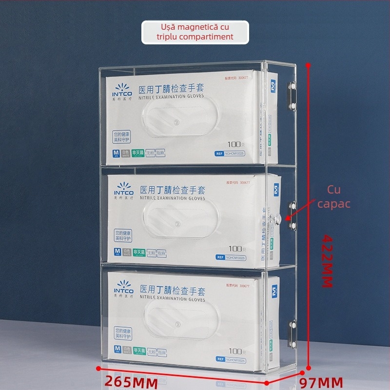 Cutie de depozitare din acrilic, montată pe perete, pentru măști și mănuși — capacitate 1 L, organizează măști, mănuși, pălării și acoperitoare pentru pantofi