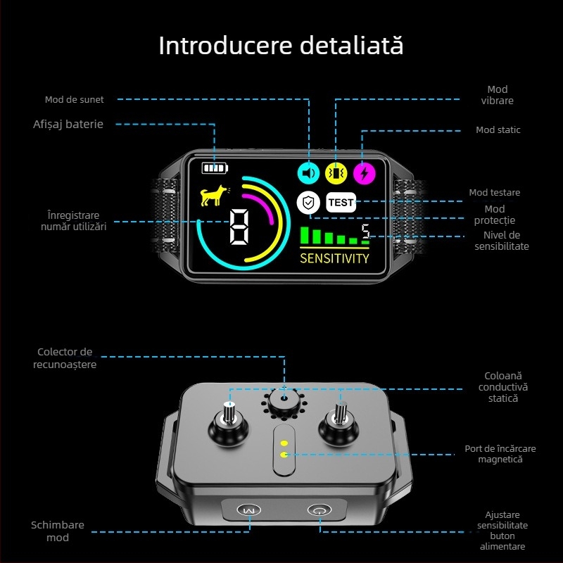 Colier de dresaj pentru câini cu ecran LCD, identificare inteligentă pe trei axe, din plastic, șoc electric