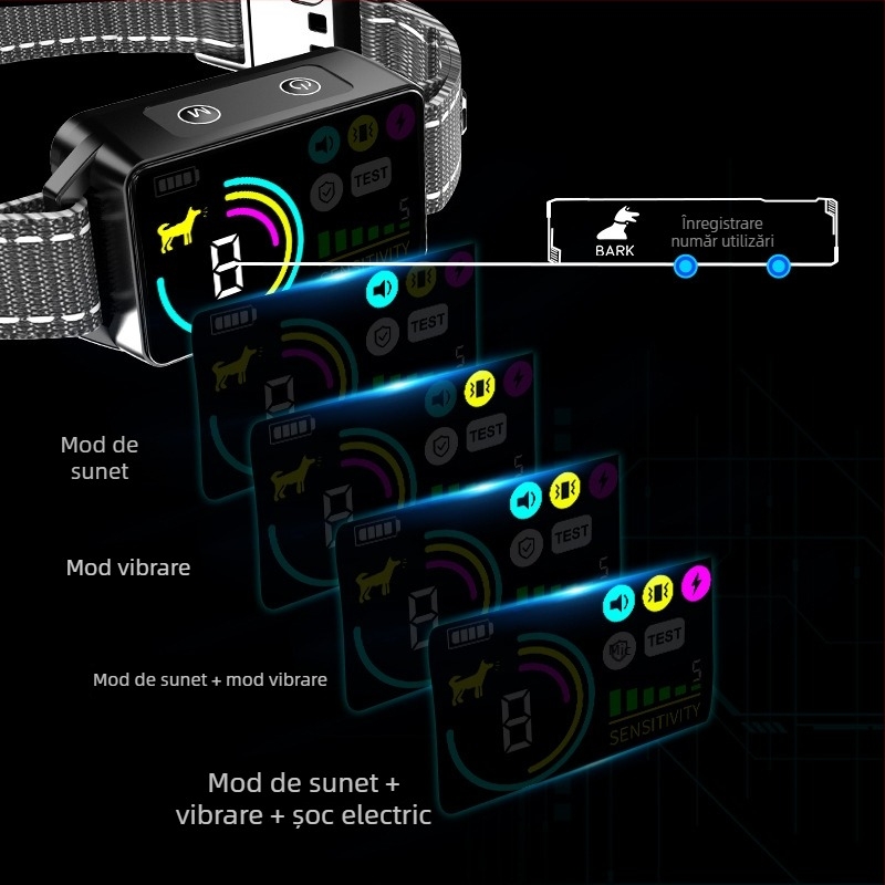 Colier de dresaj pentru câini cu ecran LCD, identificare inteligentă pe trei axe, din plastic, șoc electric