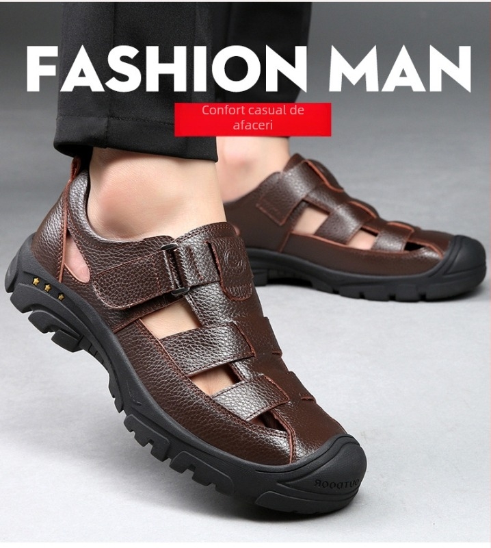 Sandale din piele cu partea superioară din piele de vită, talpă din cauciuc, branț PU, respirabile, anti-derapare