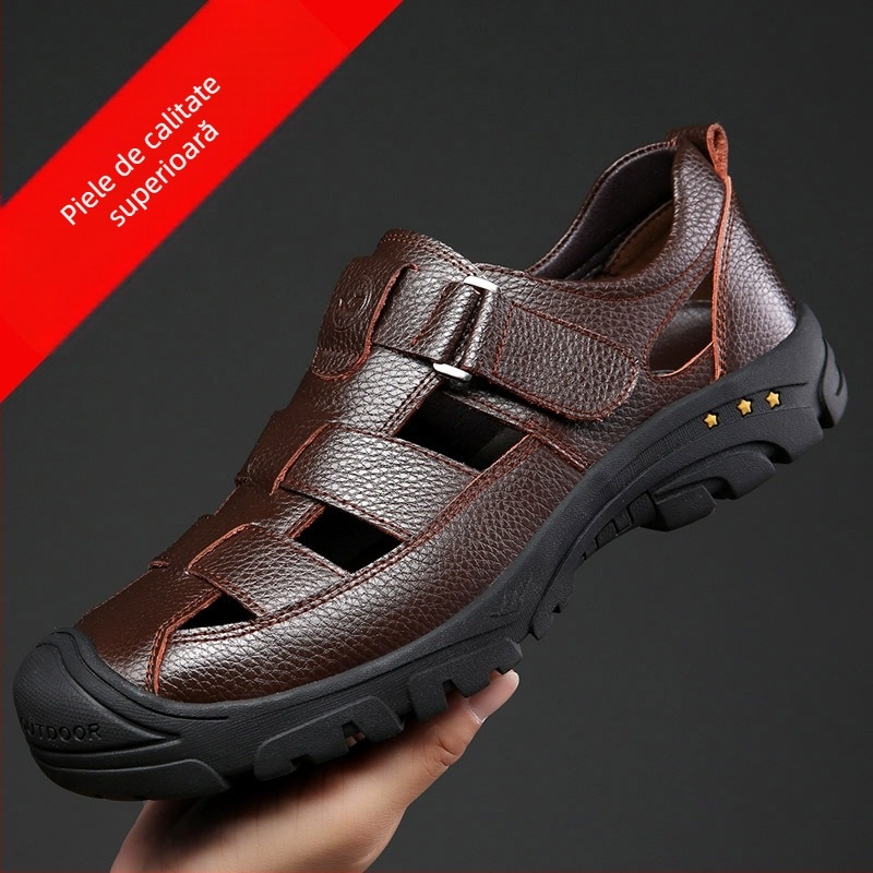 Sandale din piele cu partea superioară din piele de vită, talpă din cauciuc, branț PU, respirabile, anti-derapare